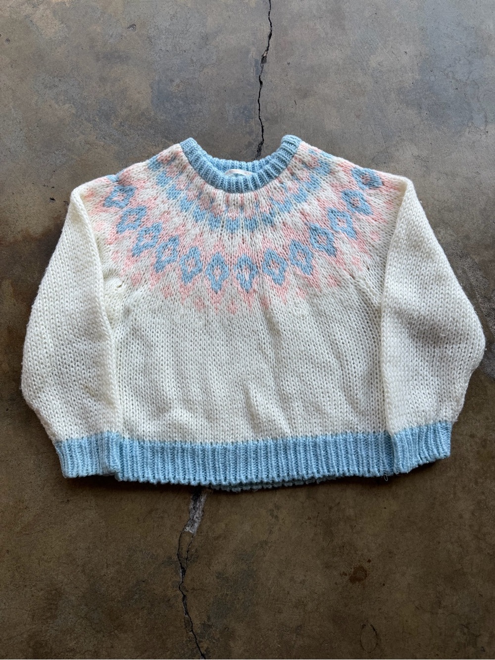 Vintage Cream Crewneck Sweater with Blue and Pink Yoke
